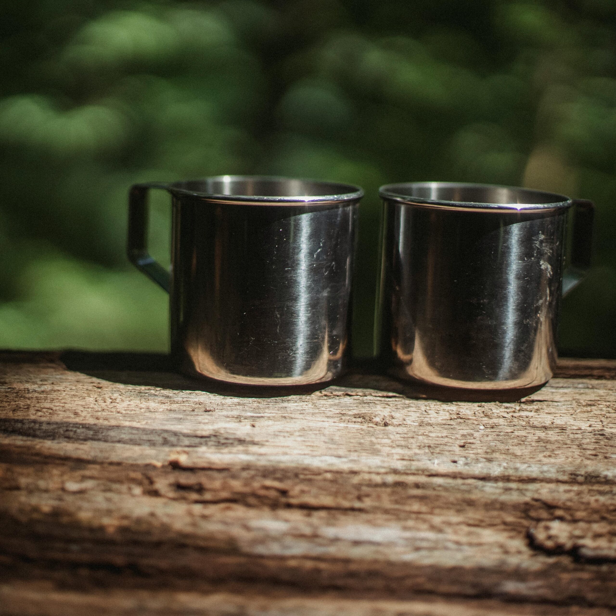 Voor wie? Two shiny metal mugs resting on a log in a serene forest setting, perfect for outdoor adventures.